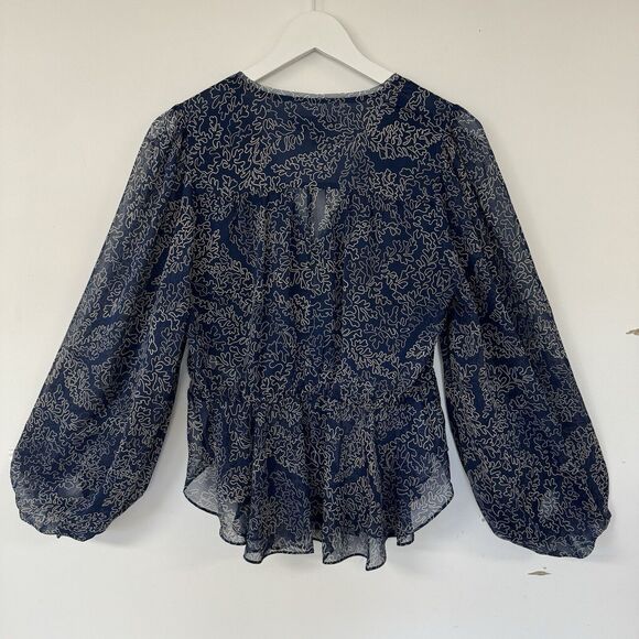 Ted Baker Mildred Blouse Balloon Sleeve Navy Beige Peasant Sheer Top Size 2 US 6 - Picture 4 of 14